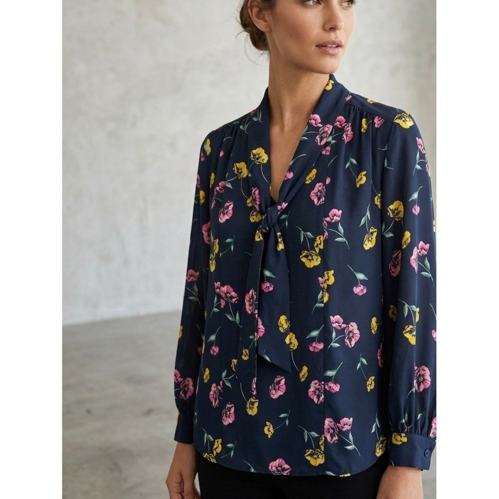 Banana Republic Floral Tie Neck Long Sleeve Career Blouse Navy Pink Small